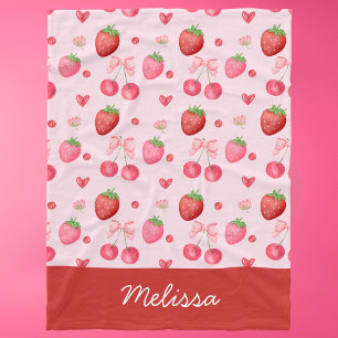 Cute Red Pink Coquette Strawberry Cherry Fleece Blanket