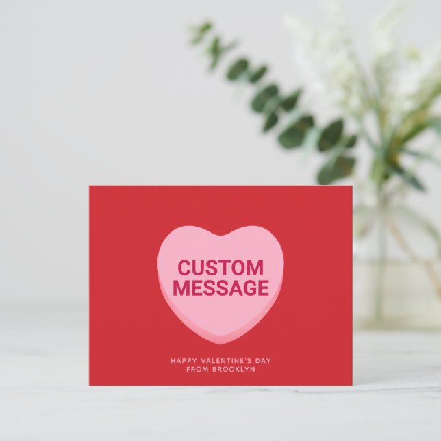 Cute red pink custom message conversation heart postcard (Standing Front)