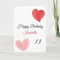 Cute Red & Pink Double Paint Hearts 13th Birthday