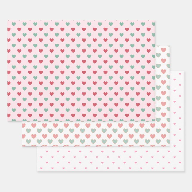 Cute Red Pink & Green Hearts Wrapping Paper Sheet (Set)