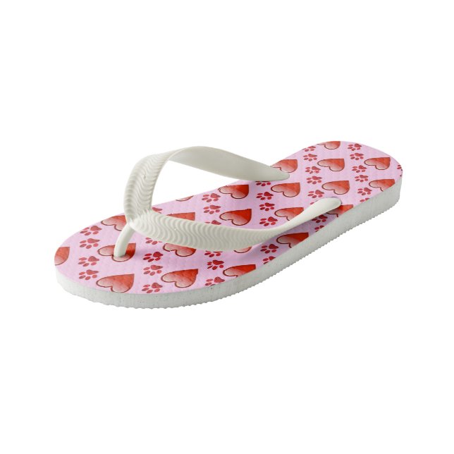 Cute Red & Pink Hearts and Paw Prints Animal Love Kid's Jandals (Angled)