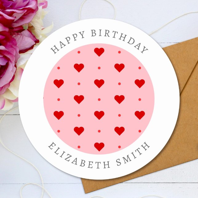 Cute Red Pink Hearts Custom Text Name Classic Round Sticker (Creator Uploaded)