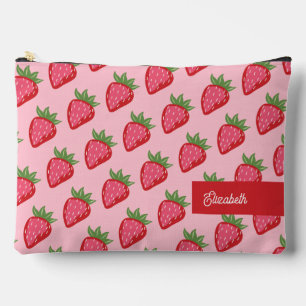 Cute Red Pink Strawberry Themed Personalised Accessory Pouch