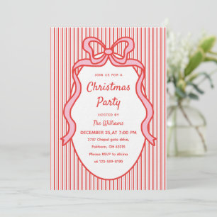 Cute Red Pink Stripes & Bow Frame Christmas  Invitation