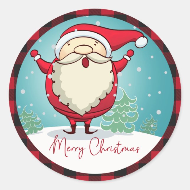 Cute Red Plaid Merry Christmas Santa Claus Holiday Classic Round Sticker (Front)