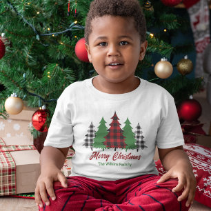 Cute Red Plaid Merry Christmas Trees Custom Toddler T-Shirt