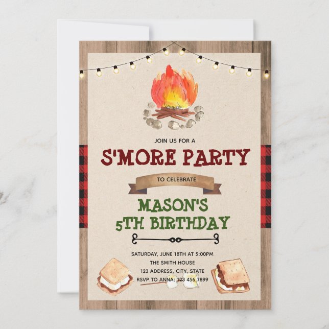 Cute red plaid smore bonfire party invitation (Front)