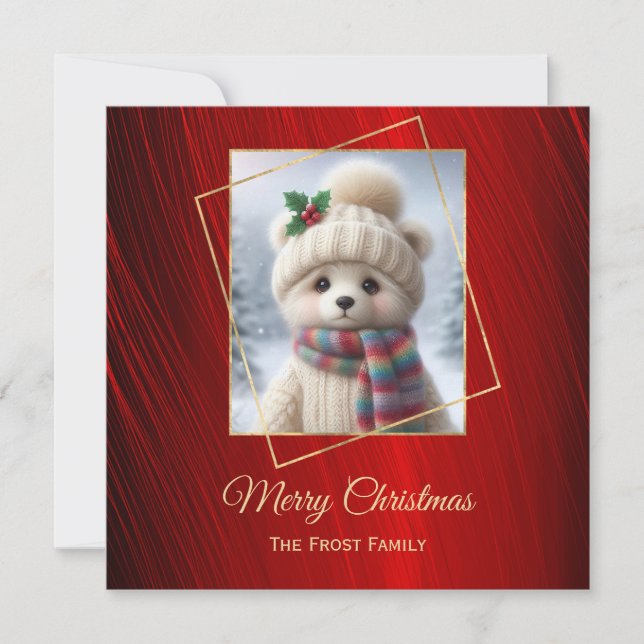 Cute Red Polar Bear Flat Christmas Holiday Card (Front)