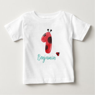 Cute red Polka dot Ladybug 1st Birthday party name Baby T-Shirt