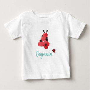 Cute red Polka dot Ladybug 4th Birthday party name Baby T-Shirt
