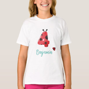 Cute red Polka dot Ladybug 4th Birthday party name T-Shirt