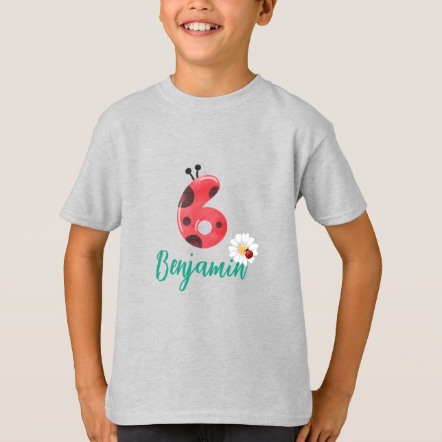 Cute red Polka dot Ladybug 6th Birthday party name T-Shirt (Front)