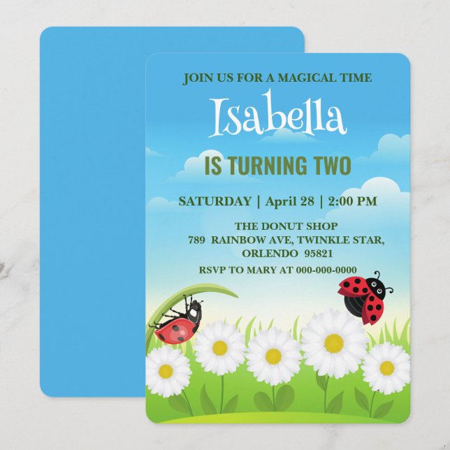 Cute red Polka dot Ladybug Daisy Flower Birthday  Invitation (Front/Back)