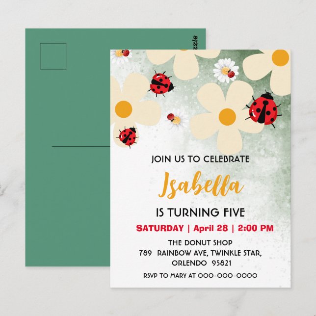 Cute red Polka dot Ladybug Daisy Flower Birthday  Postcard (Front/Back)