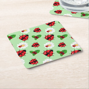 Cute red polka dot Ladybug Daisy flower summer Square Paper Coaster