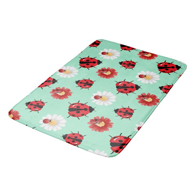 Cute red polka dot Ladybug flower summer Girly Bath Mat (Angled)