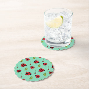 Cute red polka dot Ladybug flower summer Girly Paper Coaster