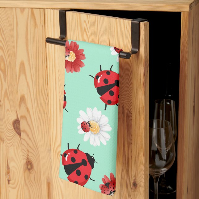 Cute red polka dot Ladybug flower summer Girly Tea Towel (Thirds Fold)