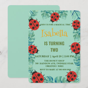 Cute red Polka dot Ladybug Jungle Leave Birthday  Invitation