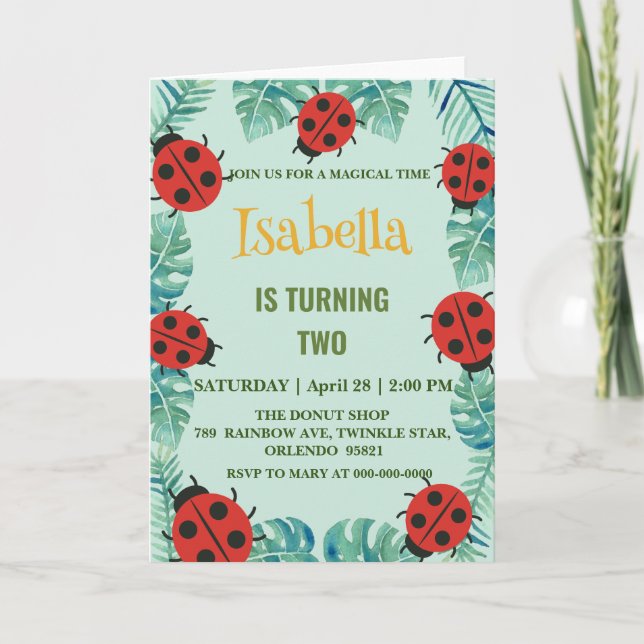 Cute red Polka dot Ladybug Jungle Leave Birthday  Invitation (Front)