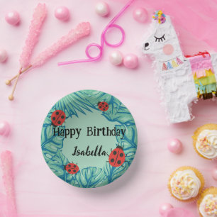 Cute red Polka dot Ladybug Jungle Leave Birthday Paper Plate