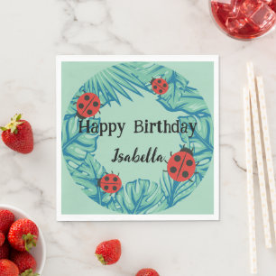 Cute red Polka dot Ladybug Jungle Leaves Birthday  Napkin