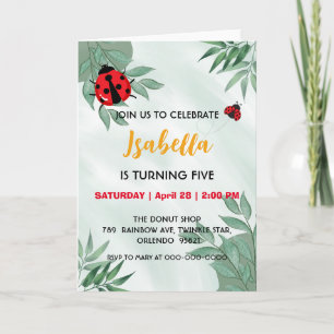 Cute red Polka dot Ladybug leaf jungle Birthday  Invitation