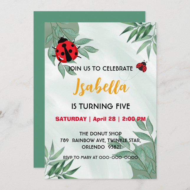 Cute red Polka dot Ladybug leaf jungle Birthday  Invitation (Front/Back)