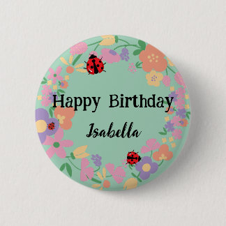 Cute red Polka dot Ladybug Spring Flower Birthday  6 Cm Round Badge