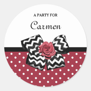 Cute Red Polka Dots With Chevron Rose Bow and Name Classic Round Sticker