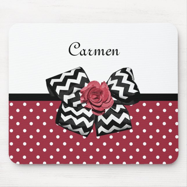 Cute Red Polka Dots With Chevron Rose Bow and Name Mouse Pad (Front)