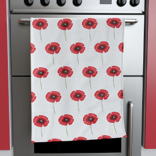Cute Red Poppy Flower Pattern on White Tea Towel