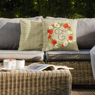 Cute Red Poppy White Yellow Daisy Flowers Wreath Cushion