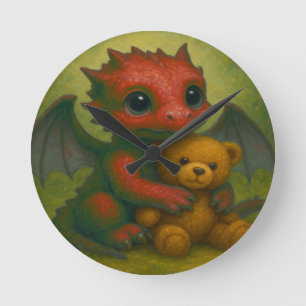 Cute Red Puppy-Eyed Baby Dragon with Teddy Bear Round Clock
