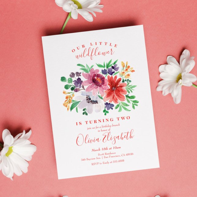 Cute Red Purple Little Wildflower Birthday Invitation (Creator Uploaded)