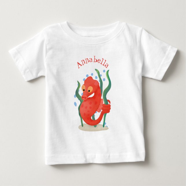 Cute red pygmy seahorse cartoon illustration baby T-Shirt (Front)