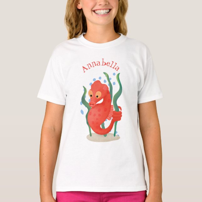 Cute red pygmy seahorse cartoon illustration T-Shirt (Front)