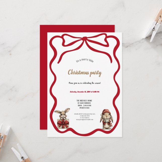cute red rabbits christmas party invitation (Front/Back In Situ)