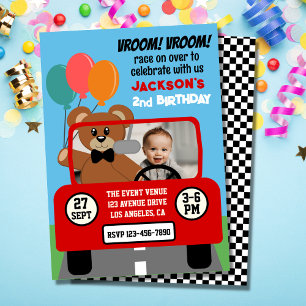 Cute Red Race Car Kids Birthday Photo Invitation