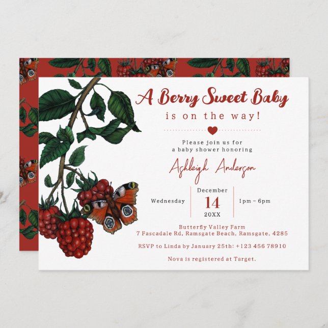 Cute Red Raspberry Berry Sweet Baby Shower Invitation (Front/Back)