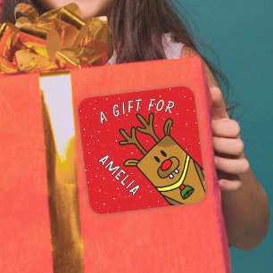 Cute Red Reindeer Kid`s Name Christmas Gift Square Sticker