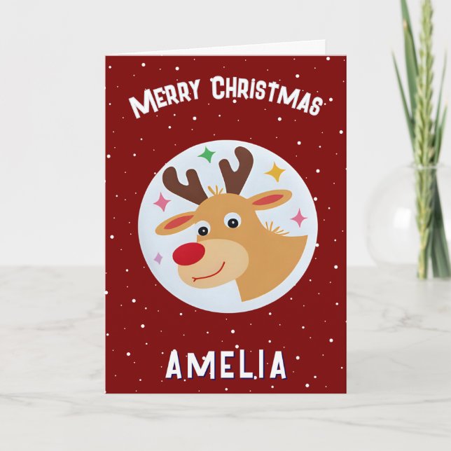 Cute Red Reindeer Kid`s Name Merry Christmas Card (Front)
