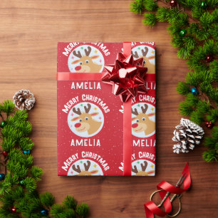 Cute Red Reindeer Kid`s Name Merry Christmas Wrapping Paper