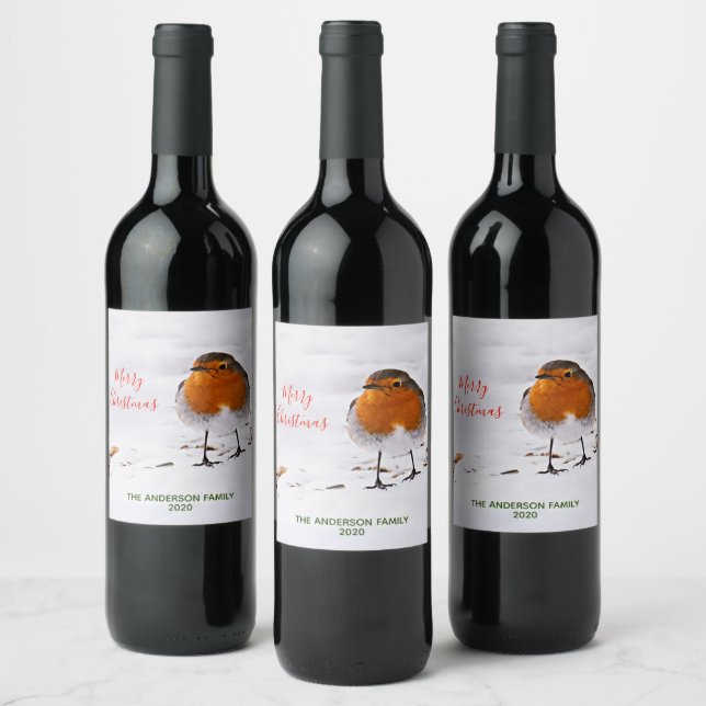 Cute red robin bird snow Christmas Party Wine Label (Bottles)