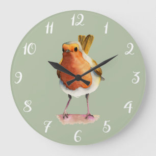 Cute Red Robin Bird Watercolor Illustration Large Clock