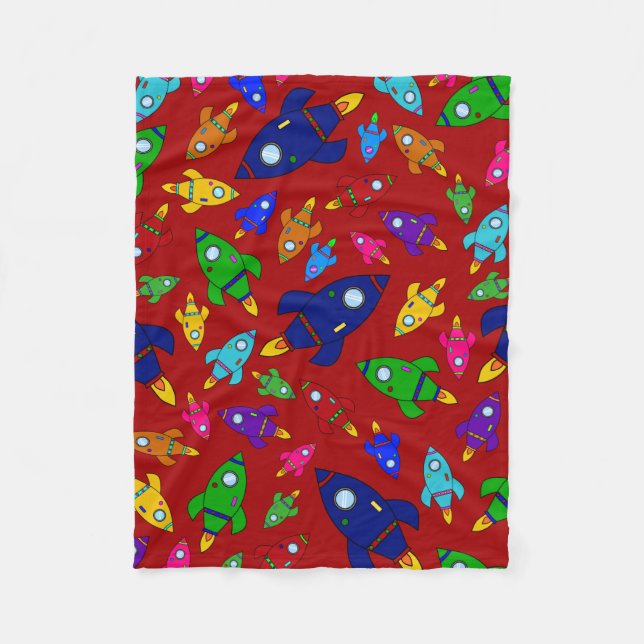 Cute red rocket ships pattern fleece blanket (Front)