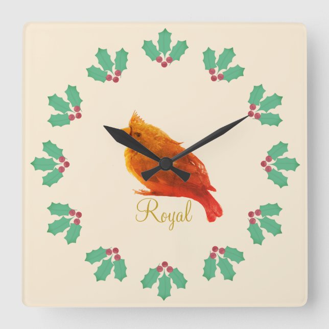 Cute Red Royal Bird & Holly Berries Square Wall Clock (Front)