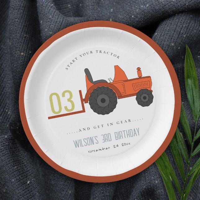 Cute Red Rust Farm Tractor Kids Any Age Birthday Paper Plate (Creator Uploaded)