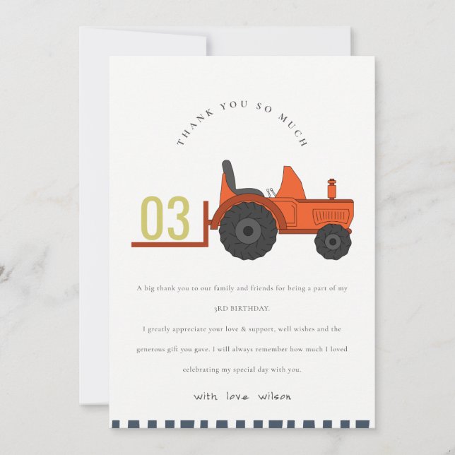 Cute Red Rust Farm Tractor Kids Any Age Birthday Thank You Card (Front)