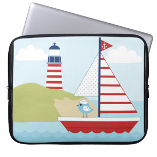 Cute Red Sail Boat and Lighthouse Laptop Sleeve